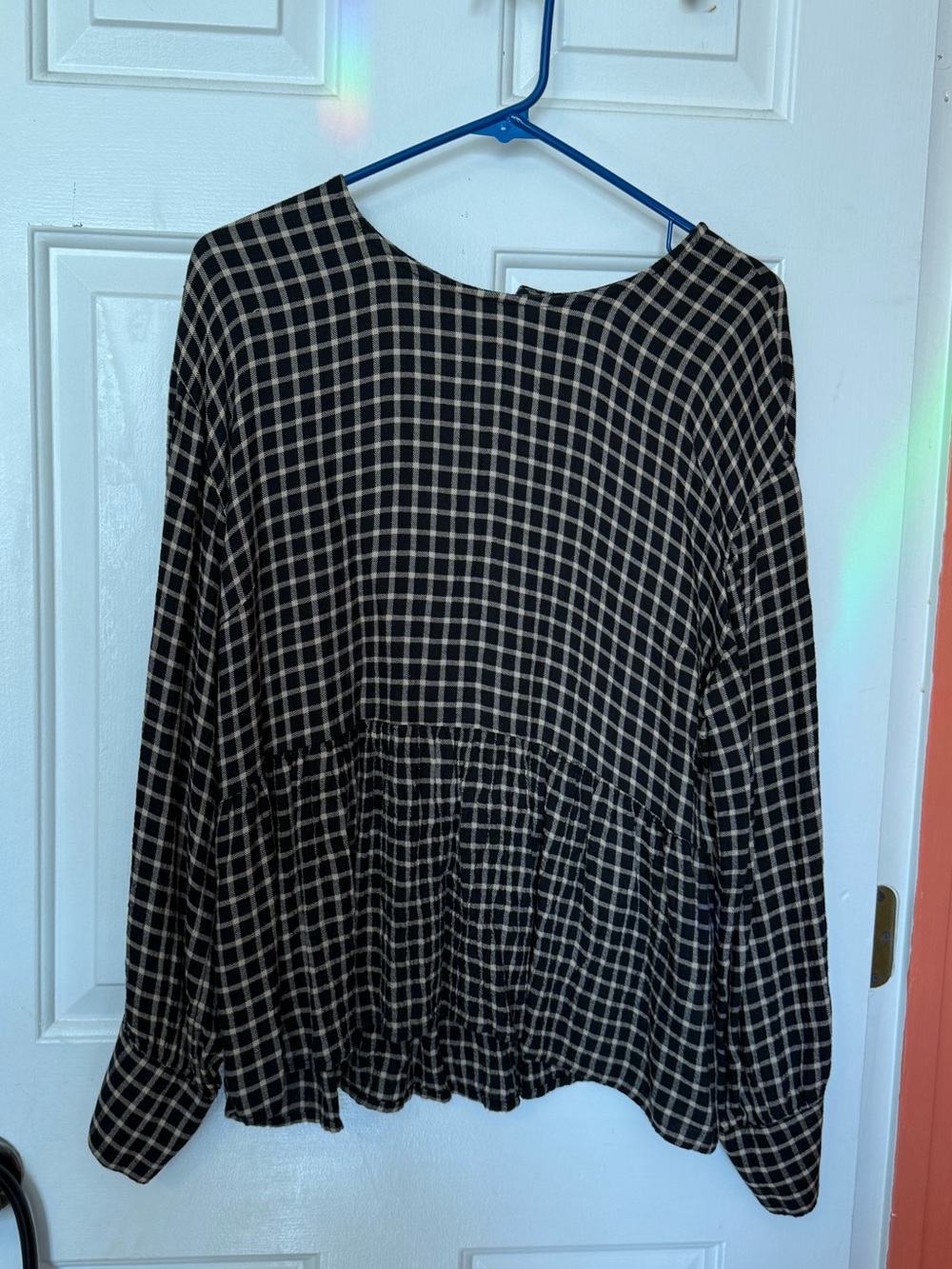 Madewell Black & White Windowpane Peplum Long-Sleeve Top